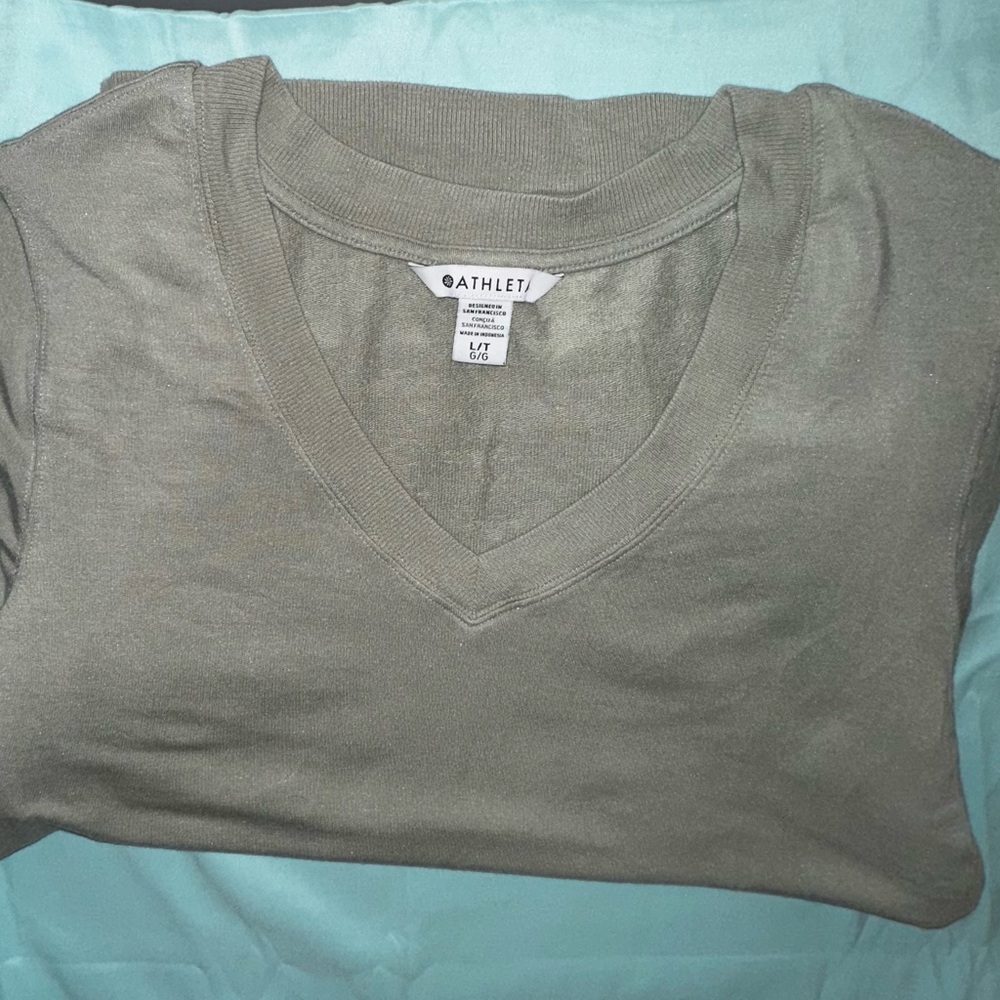 Athleta Olive Green V-Neck Short Sleeve Tee